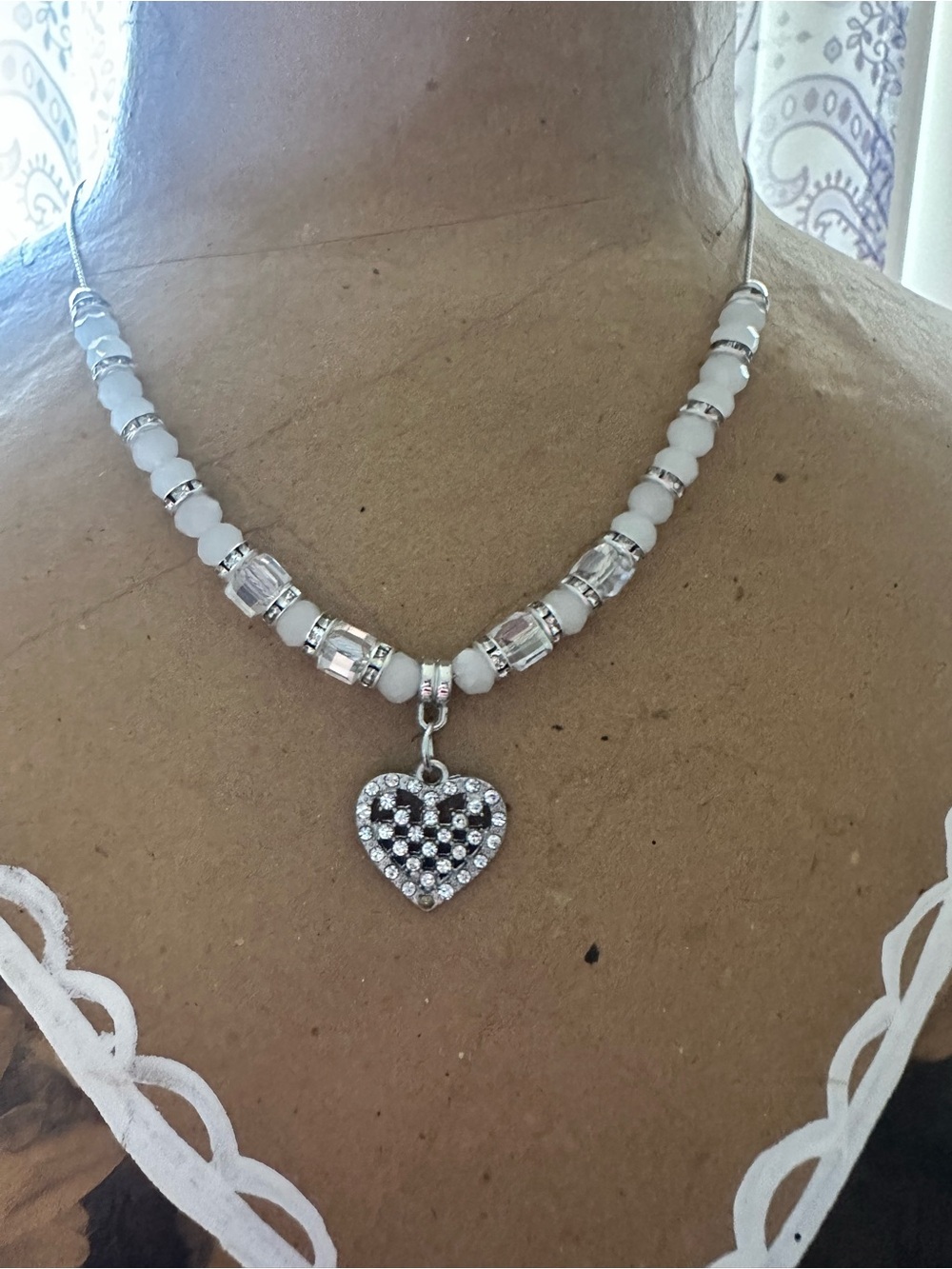 Crystal Heart Beaded Necklace in White and Silver